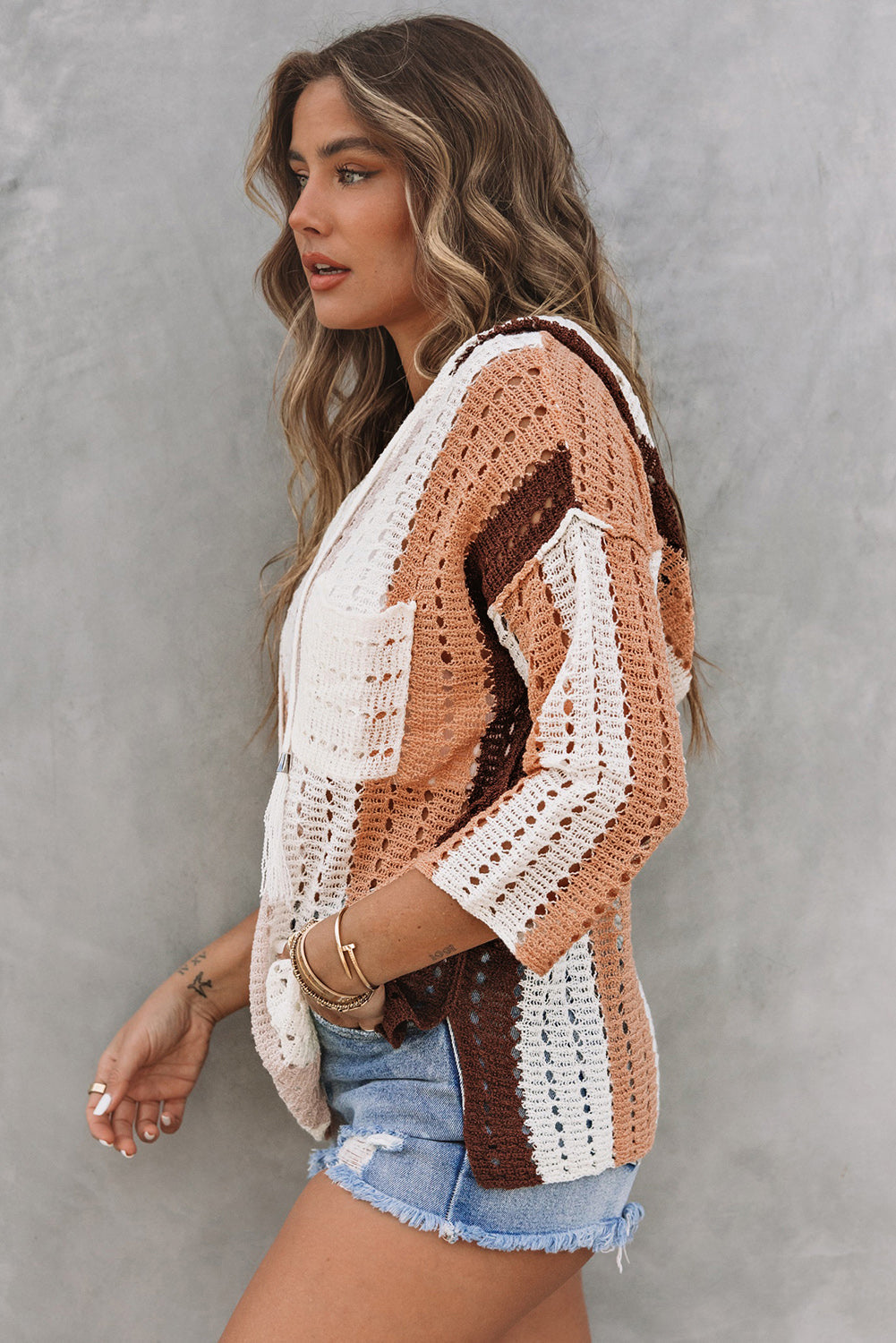 Women's Striped Cut Out Hooded Sweater