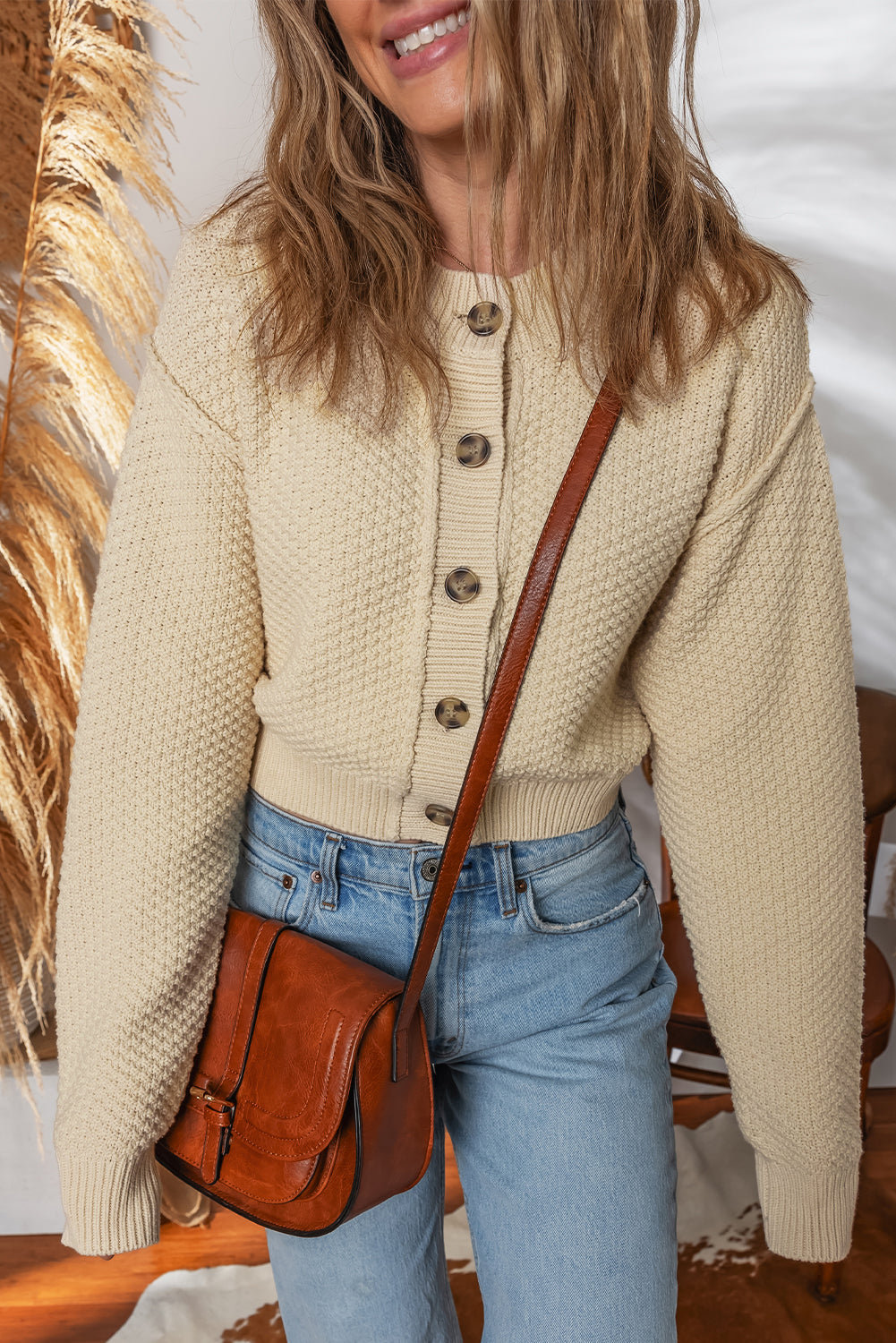 Front Cropped Button Cropped Cardigan Knit Top