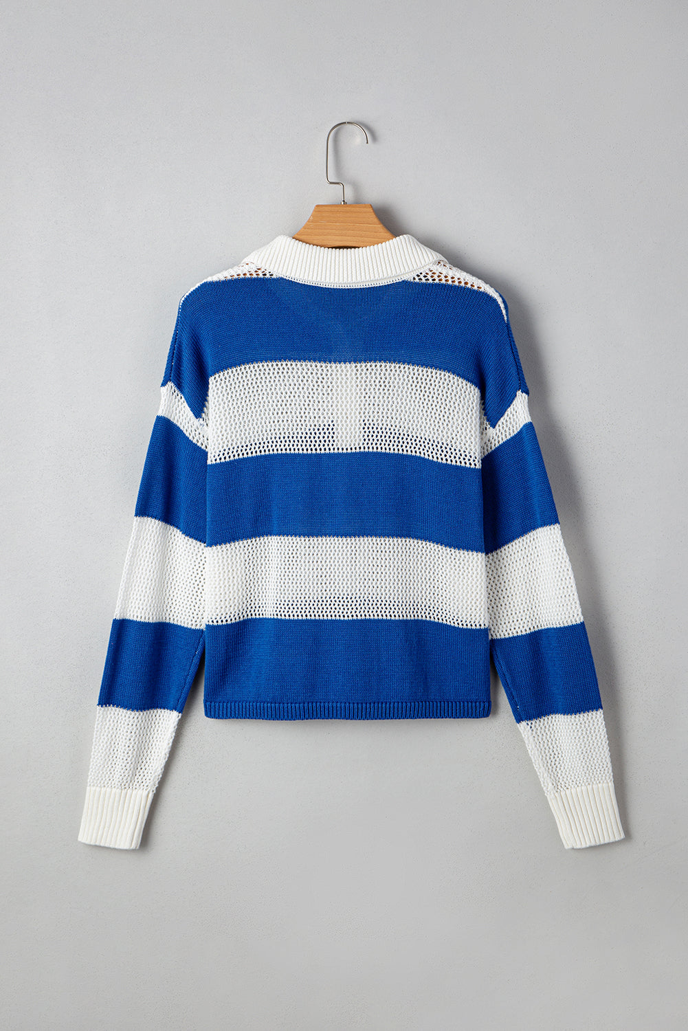 Colorblock Polo Collar Eyelet Crochet Knit Knit Top