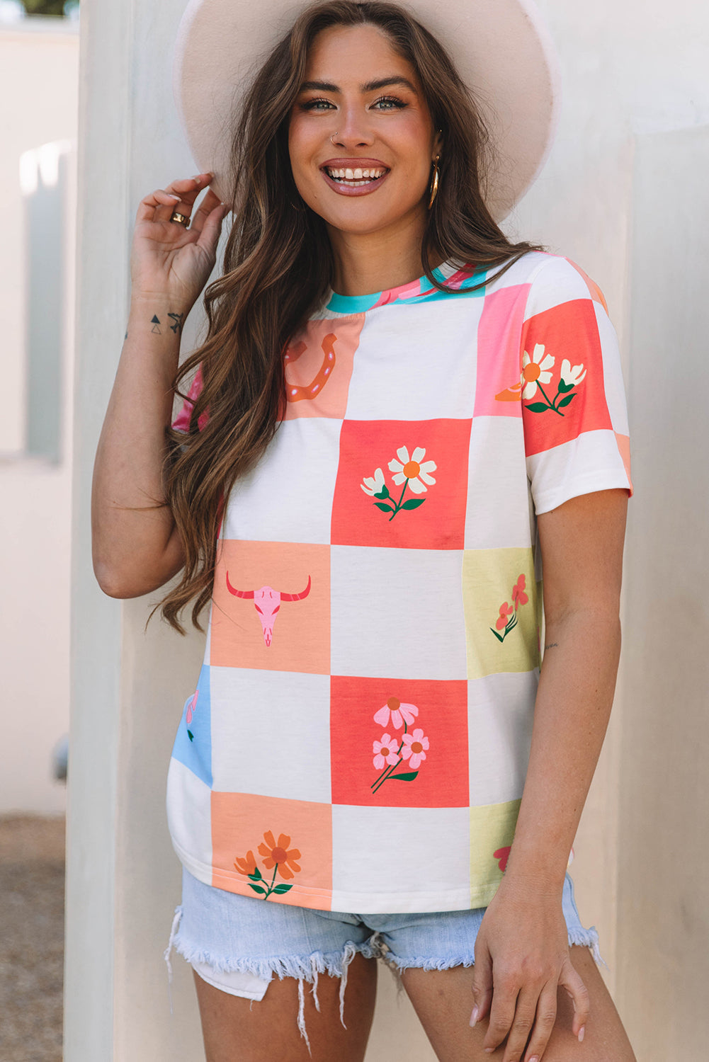 Fashion Checker Western Checker Print Crewneck T Shirt