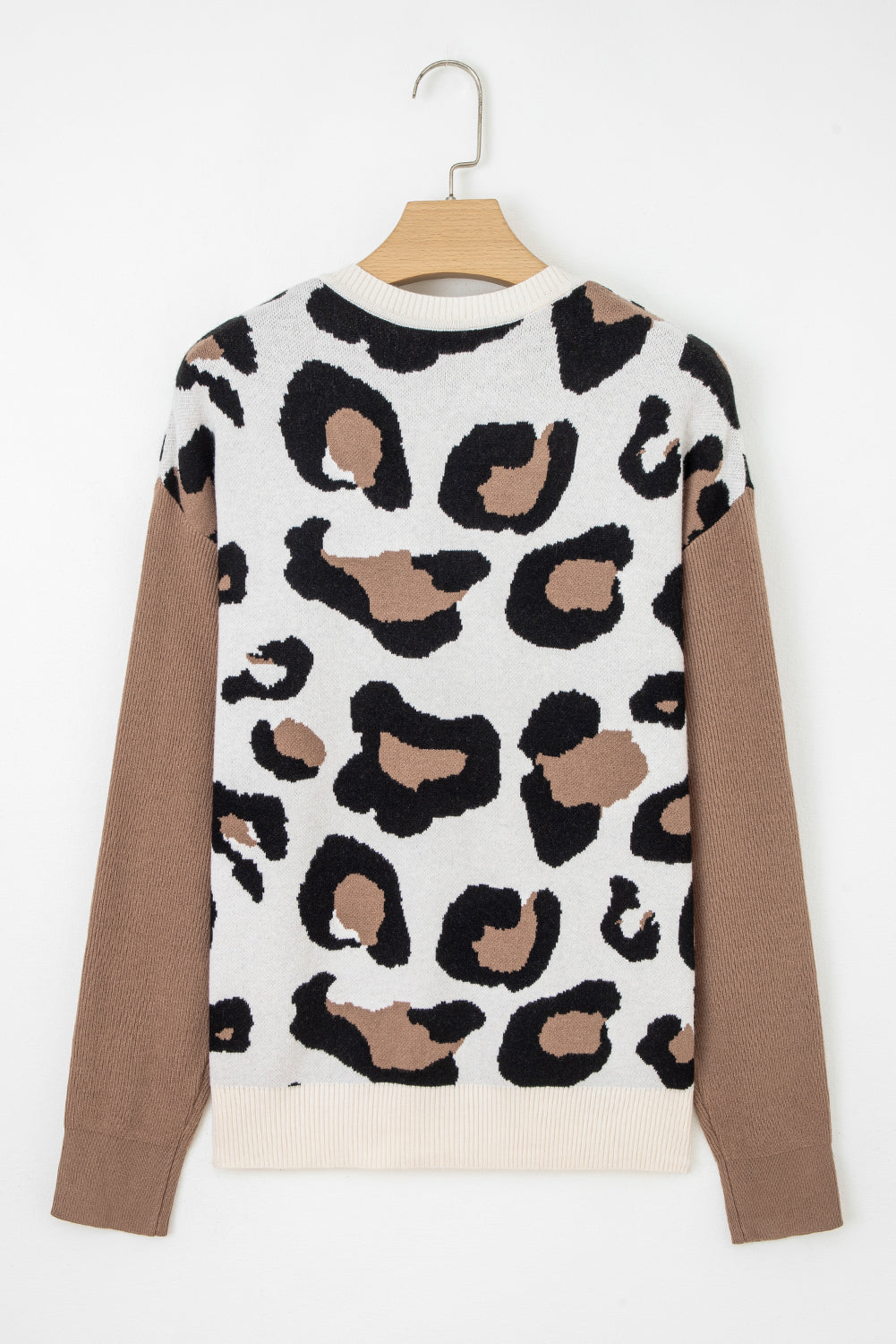 Leopard-Print Colorblock Patchwork Sleeve V-Neck Knit Top