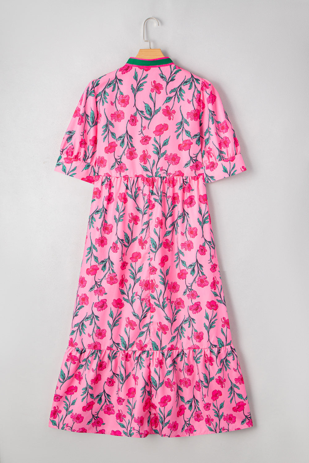 Neckline Floral Contrast A-line Puff Sleeve Long Dress