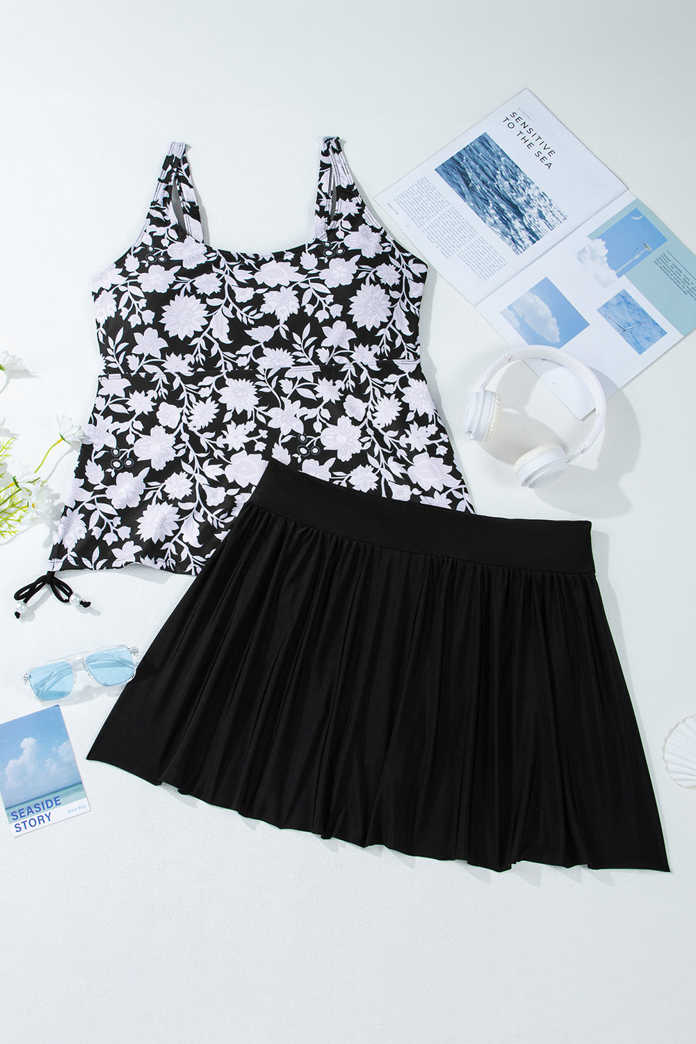 Plus Size Black Printed Ruffled Tankini Set