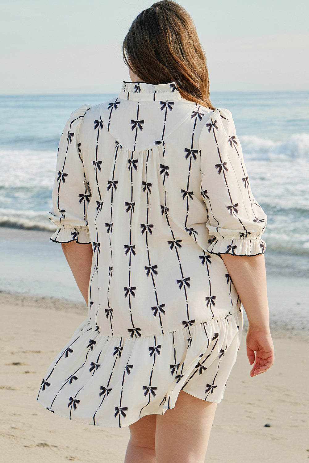 Bow Printed Ruffled Plus Size Mini Dress