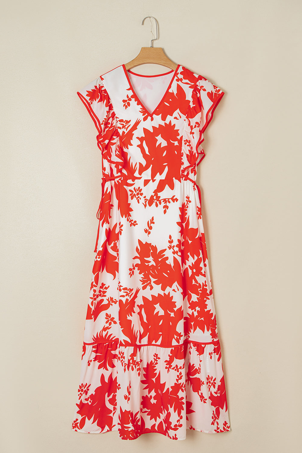 Floral-Print Ruffle Trimmed V-Neck Sleeve Long Dress