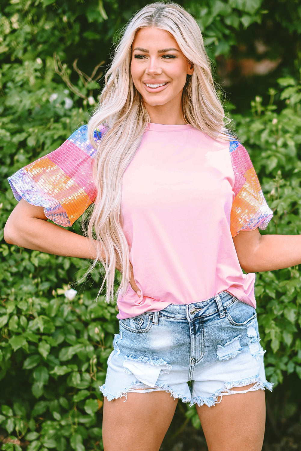 Women's Top with Balloon Sleeve Sequin Striped