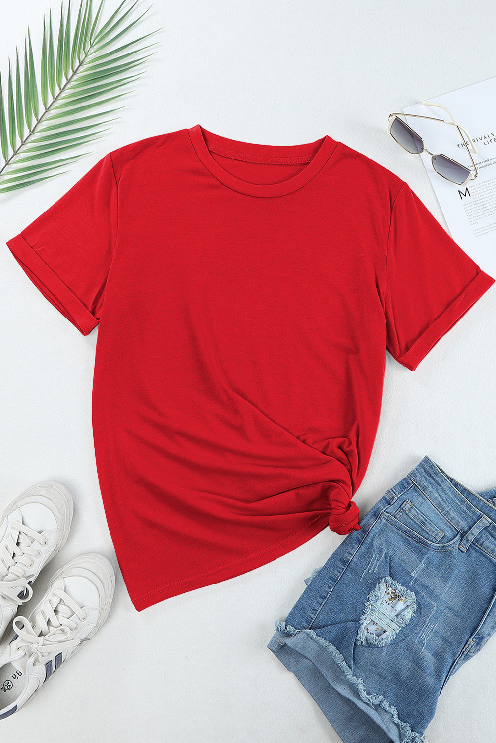 Women's Tee with Red Everyday Plain Crew Neck