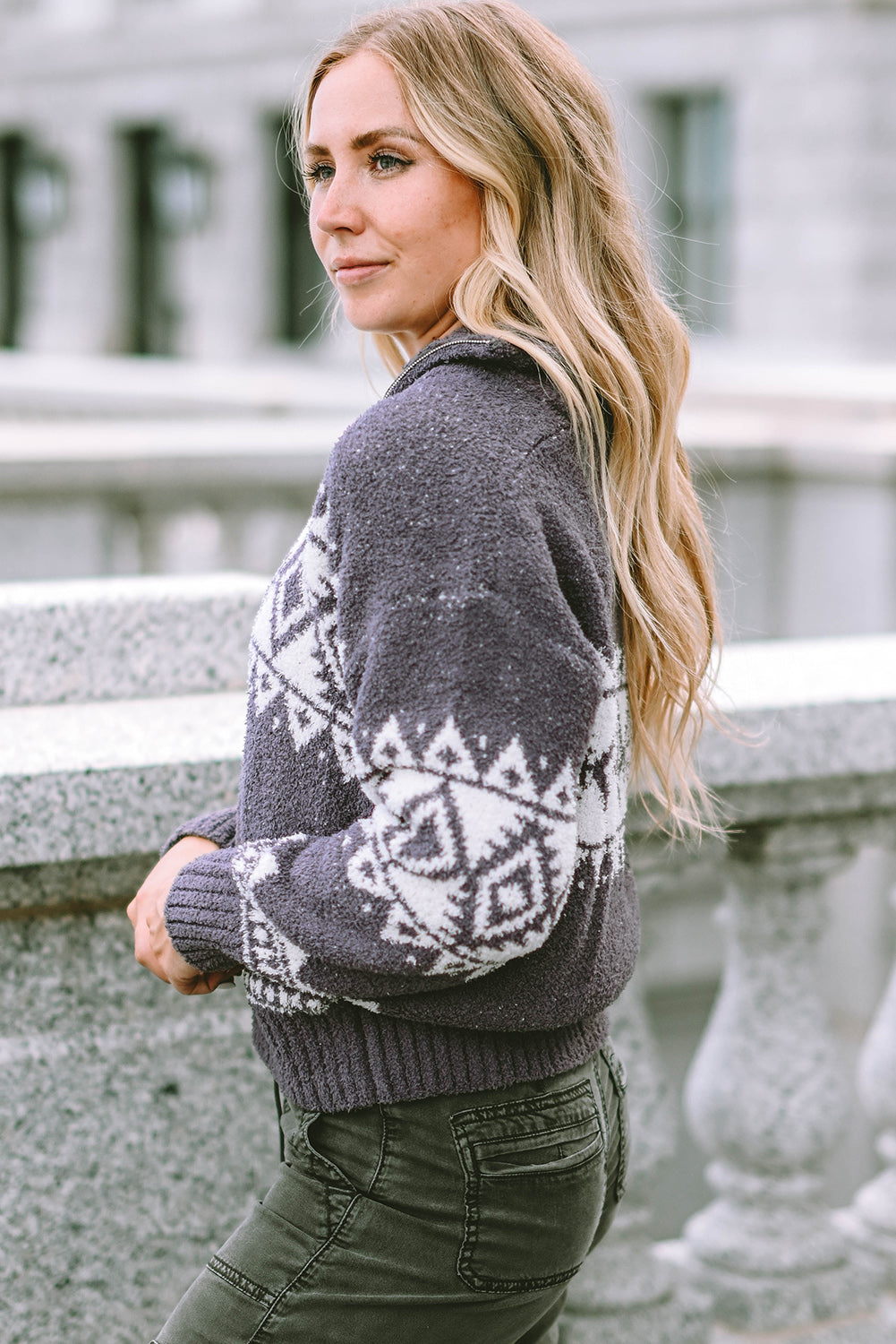 Women's Zip Geometric Quarter Pullover Sweater