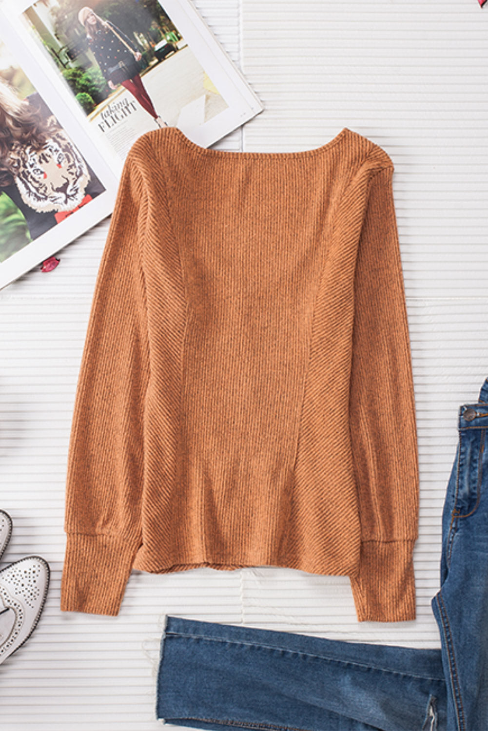 Women's Top Featuring U Neck Textured Long-Sleeve