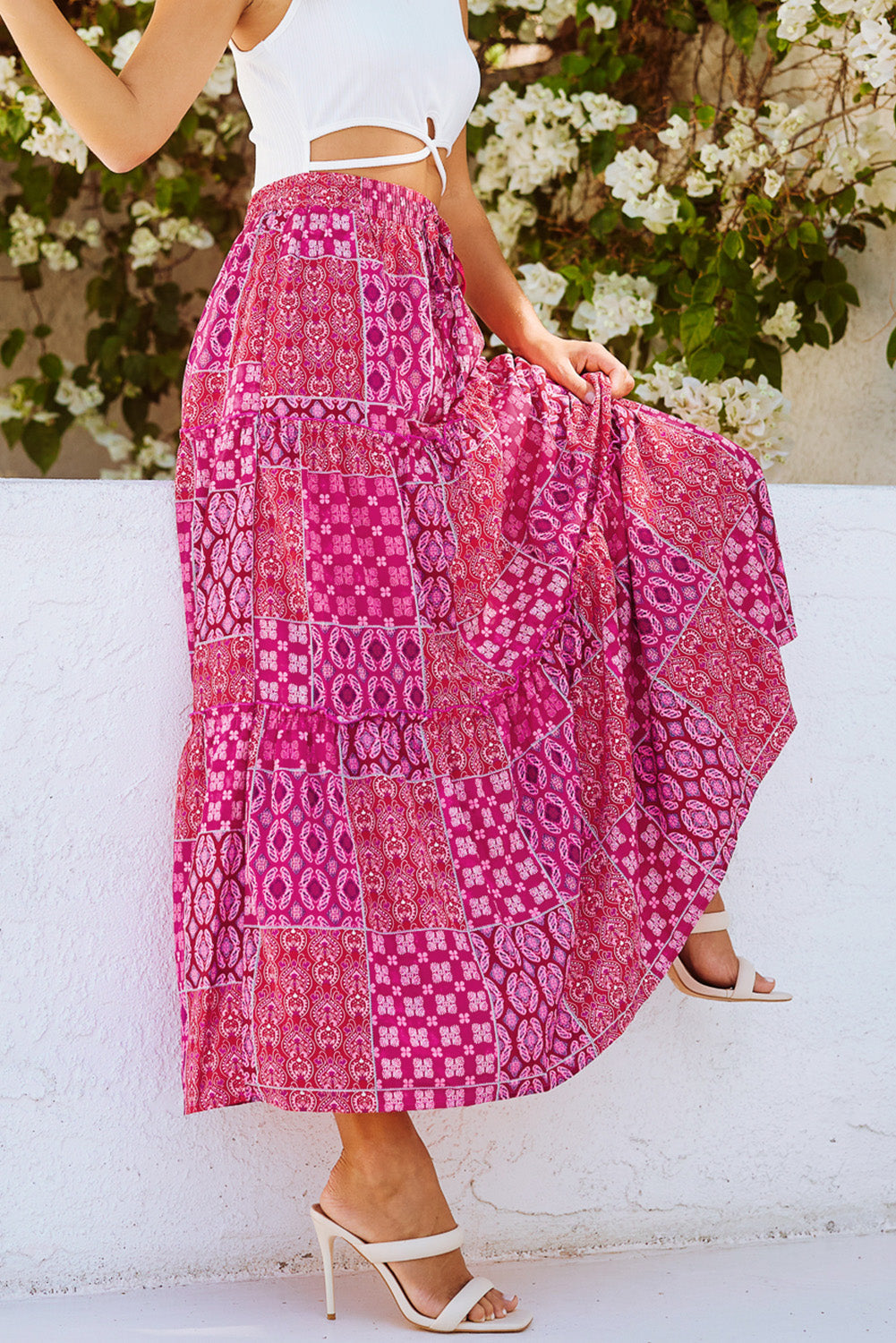 Tiered Pocket-Detail Paisley Print Boho Maxi Skirt in Purple