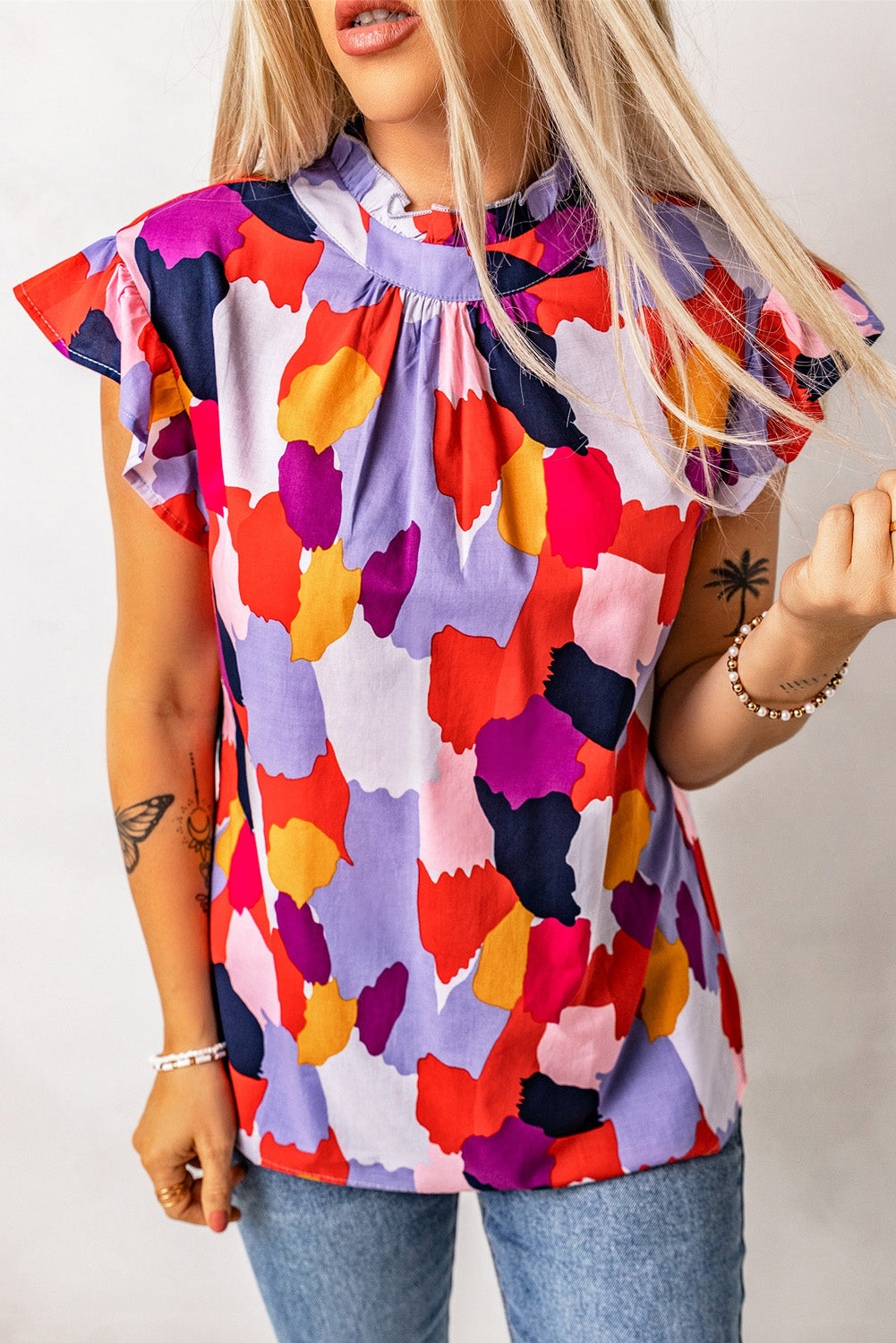 Top for Women Frill Mock Neck Ruffle-Trimmed Cap