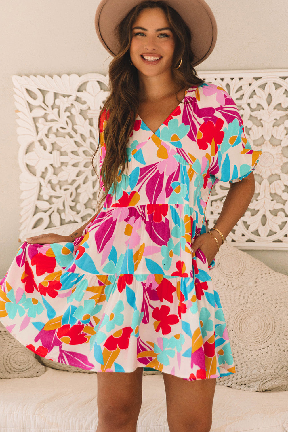 Rose Red Floral V Neck Tiered Ruffle Babydoll Dress