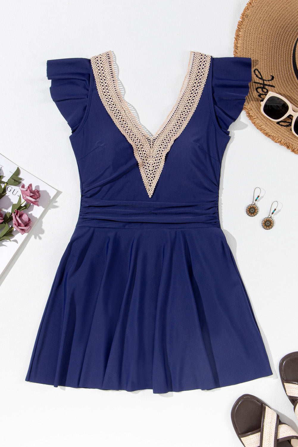 Short-Sleeved Lace Ruffled Lace Trim V-Neck One Piece Swim Dress in Navy Blue