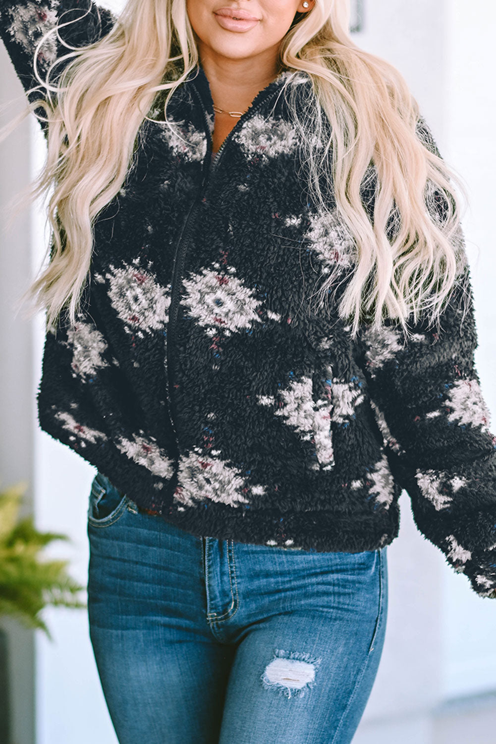 Women's Jacket Featuring Collared Sherpa Aztec Zipper