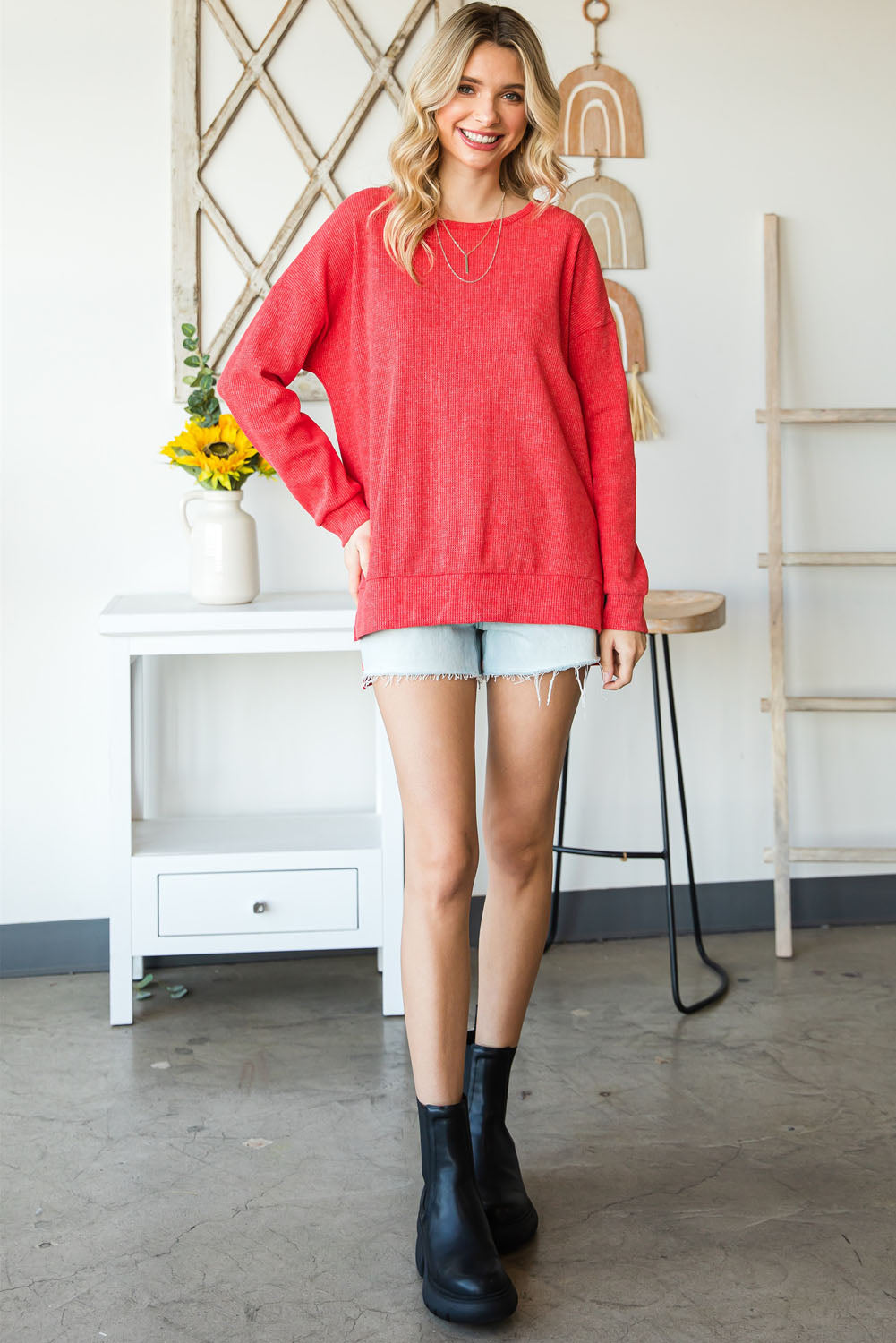 Top for Women Waffle Knitted Side Slit Pullover
