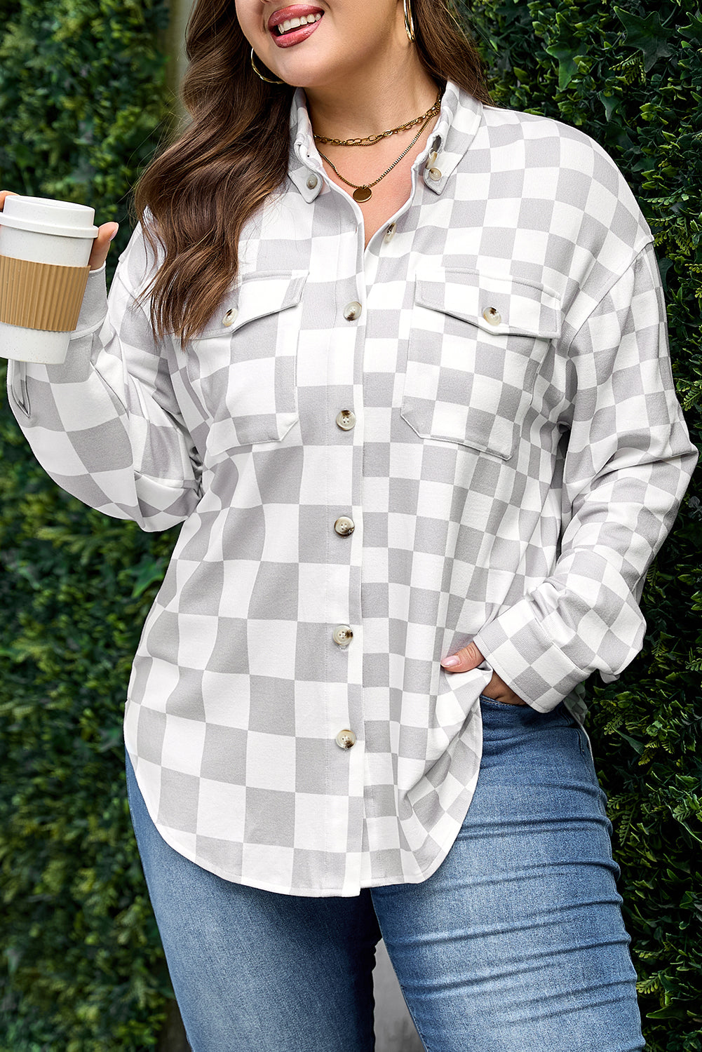 Checkered Plus Size Button-Front Down Everyday Western Jacket in Khaki