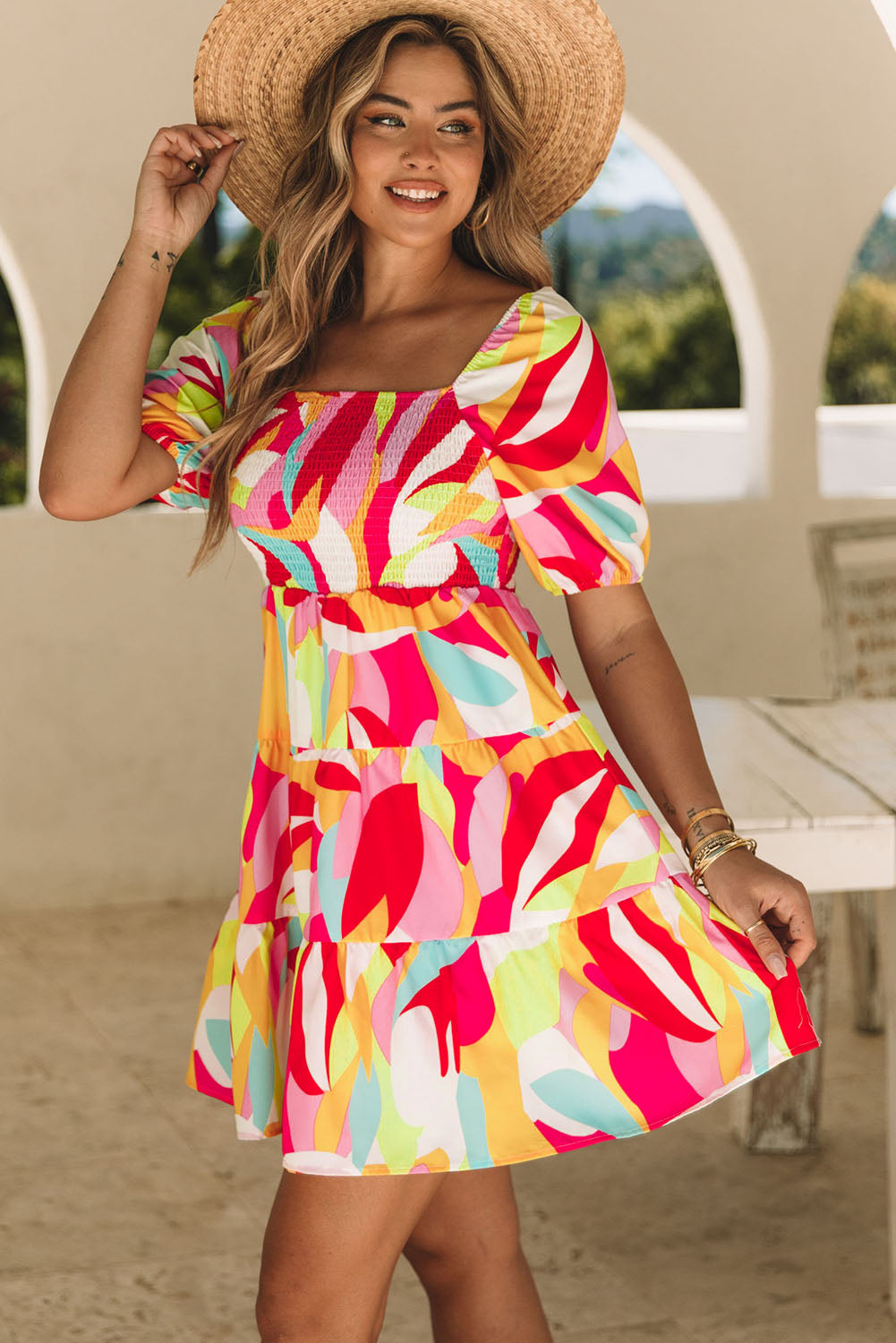 Women's Mini Dress with Shirred Babydoll