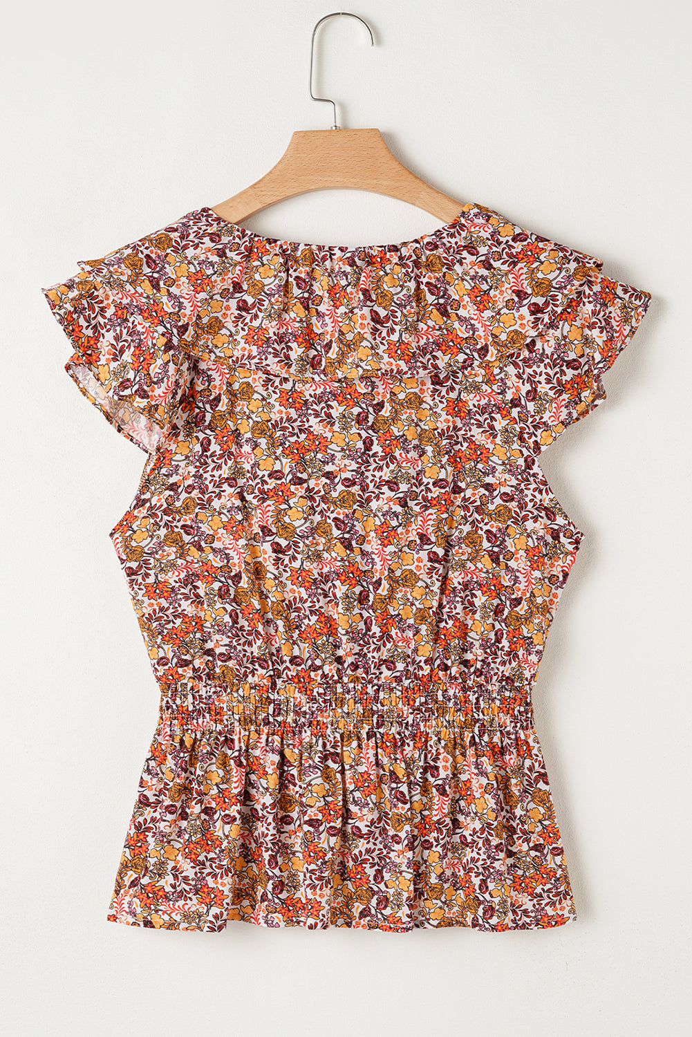 Floral Print Knot V Neck Ruffled Sleeve Blouse