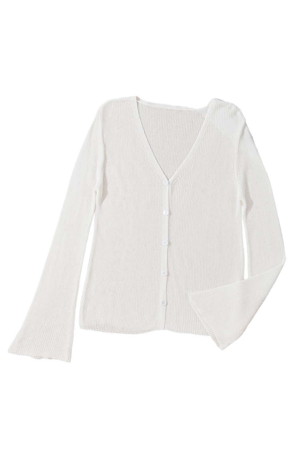 Button Lightweight V-Neck Front Bell Sleeve Cardigan Knit Top