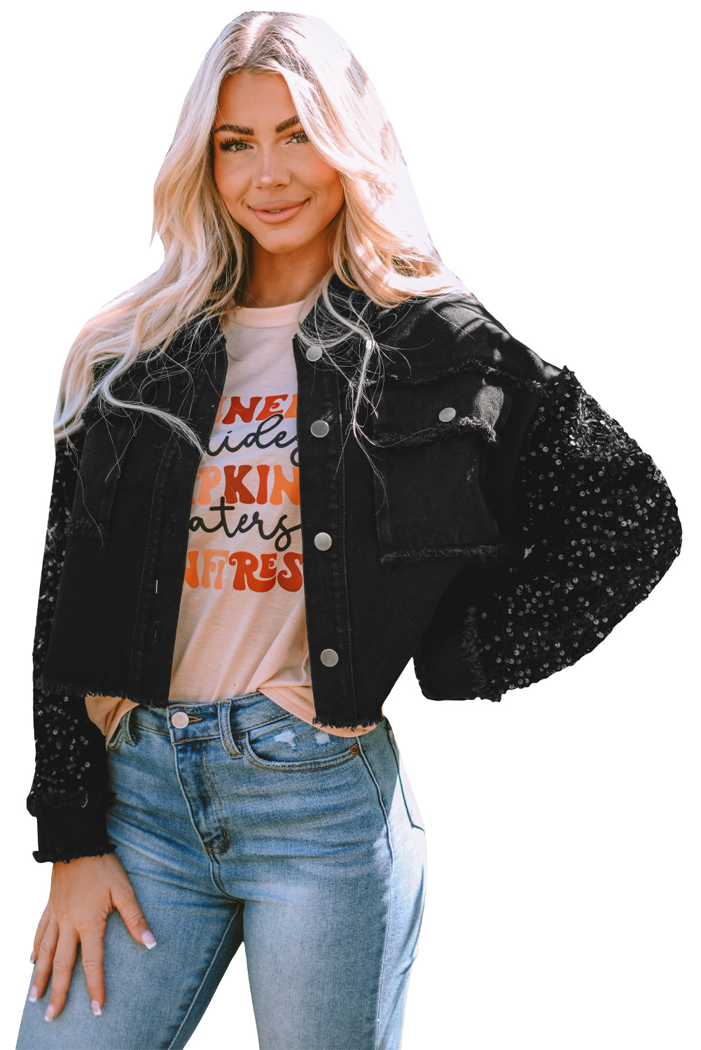 Women's Sequin Raw-Edge Denim Jacket