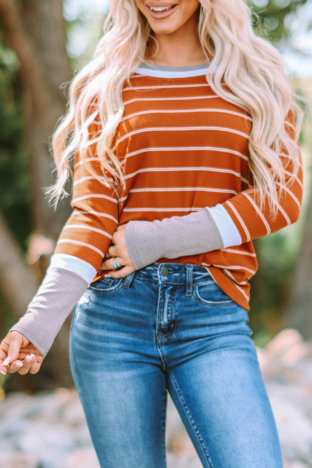 Women's Pullover with Striped Extend Cuffs Rib-Knitted