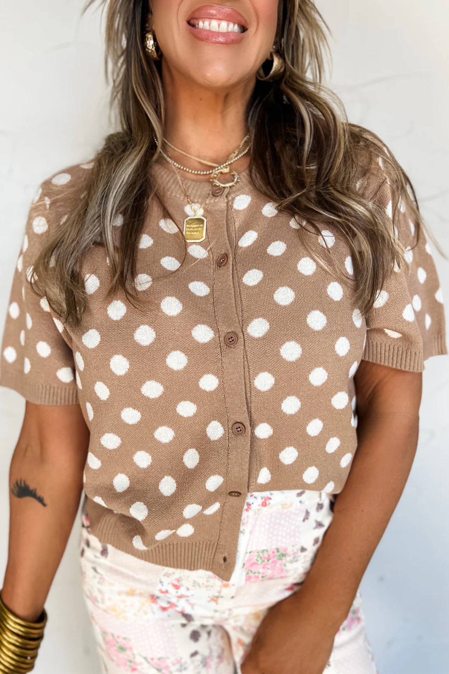 Short-Sleeved Button Polka-Dot Button Down Cardigan Knit Top in Dark Khaki