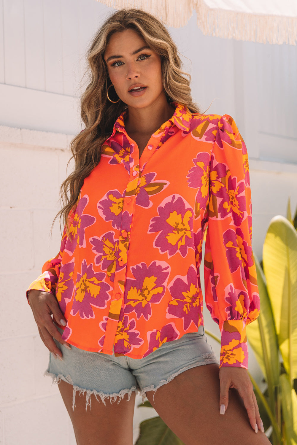 Lantern Sleeve Floral-Print Sleeve Shirt in Orange