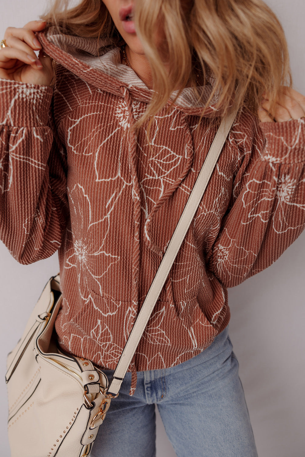 Rib Floral Twisted Drawcord Kangaroo Pocket Hoodie