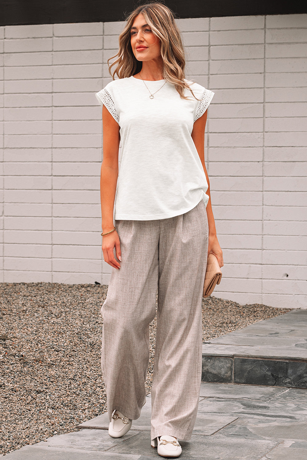 Patchwork Cap Lace Cap Sleeve Round-Neck T Shirt