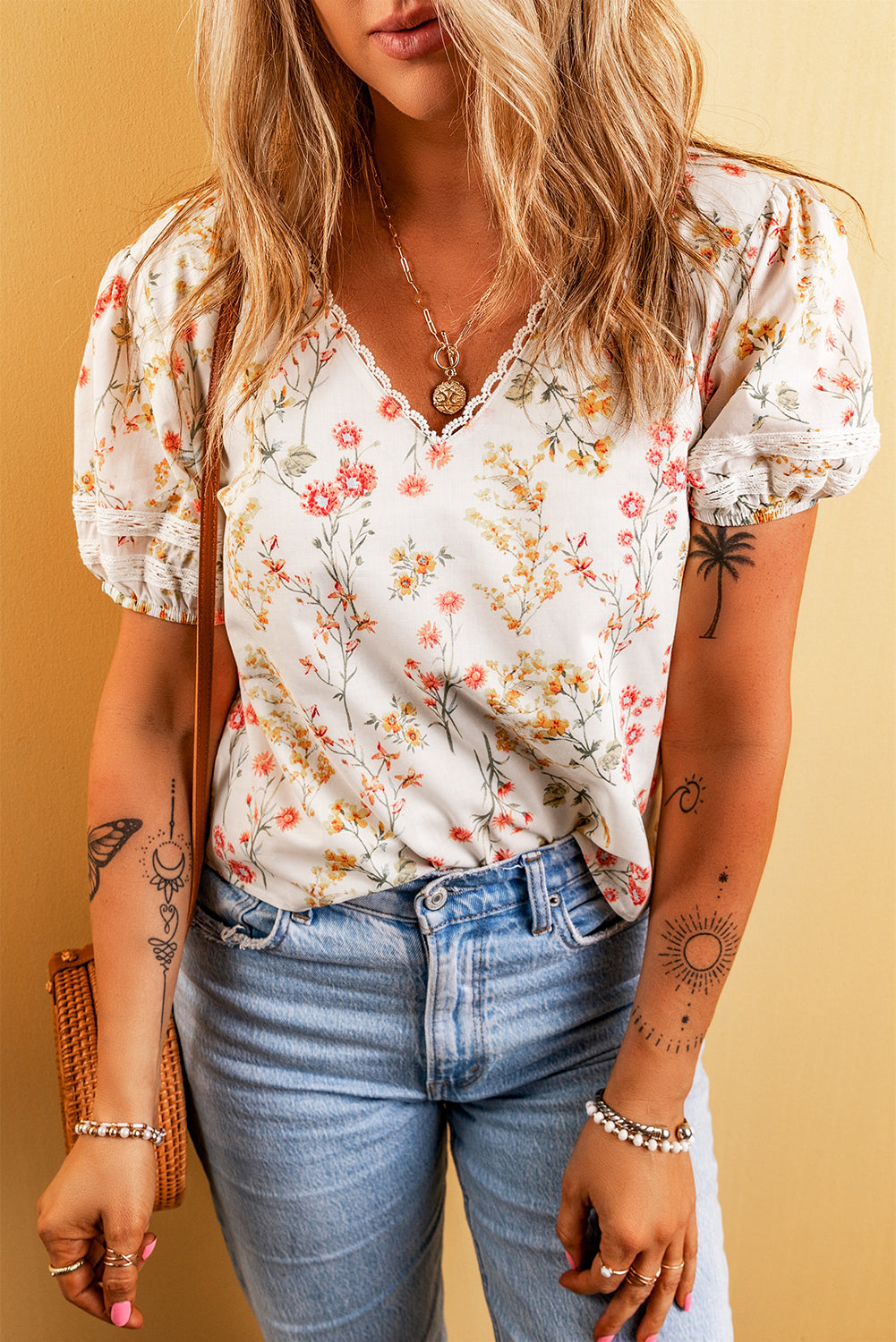 Women's Blouse with Lace-Trimmed Bohemian Floral-Print