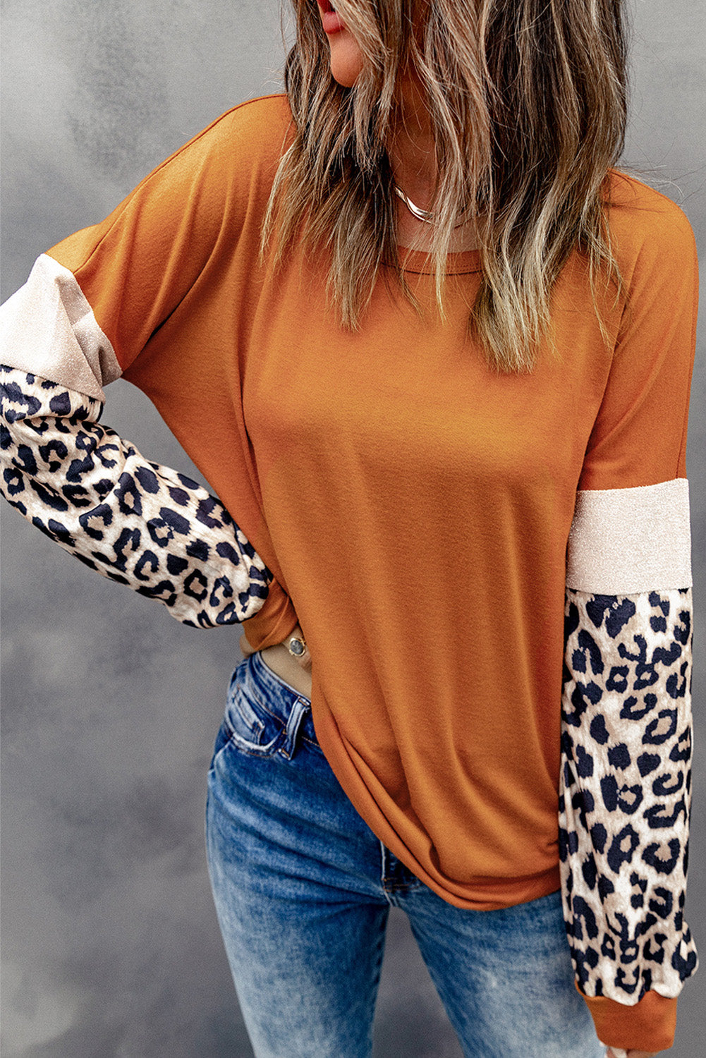 Women's Top with Patchwork Long-Sleeve Leopard-Print