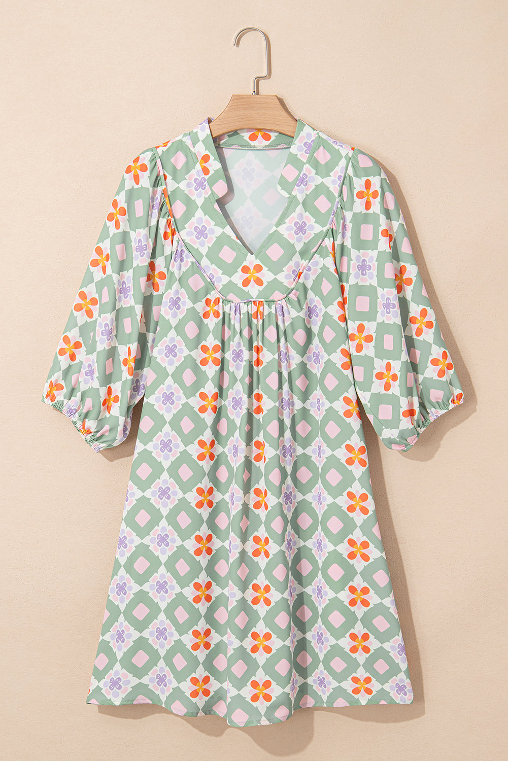 Geometric Floral Print 3/4 Sleeve Notched Neck Mini Dress