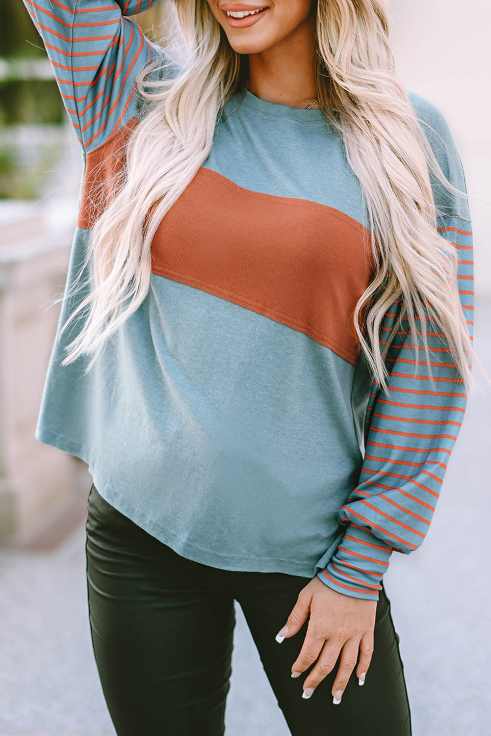 Women's Top with Striped Bishop Sleeve Color-Block