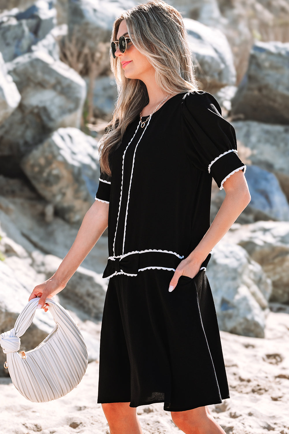 Contrast Scallop Trim Bow Detail Half Sleeve Shift Dress