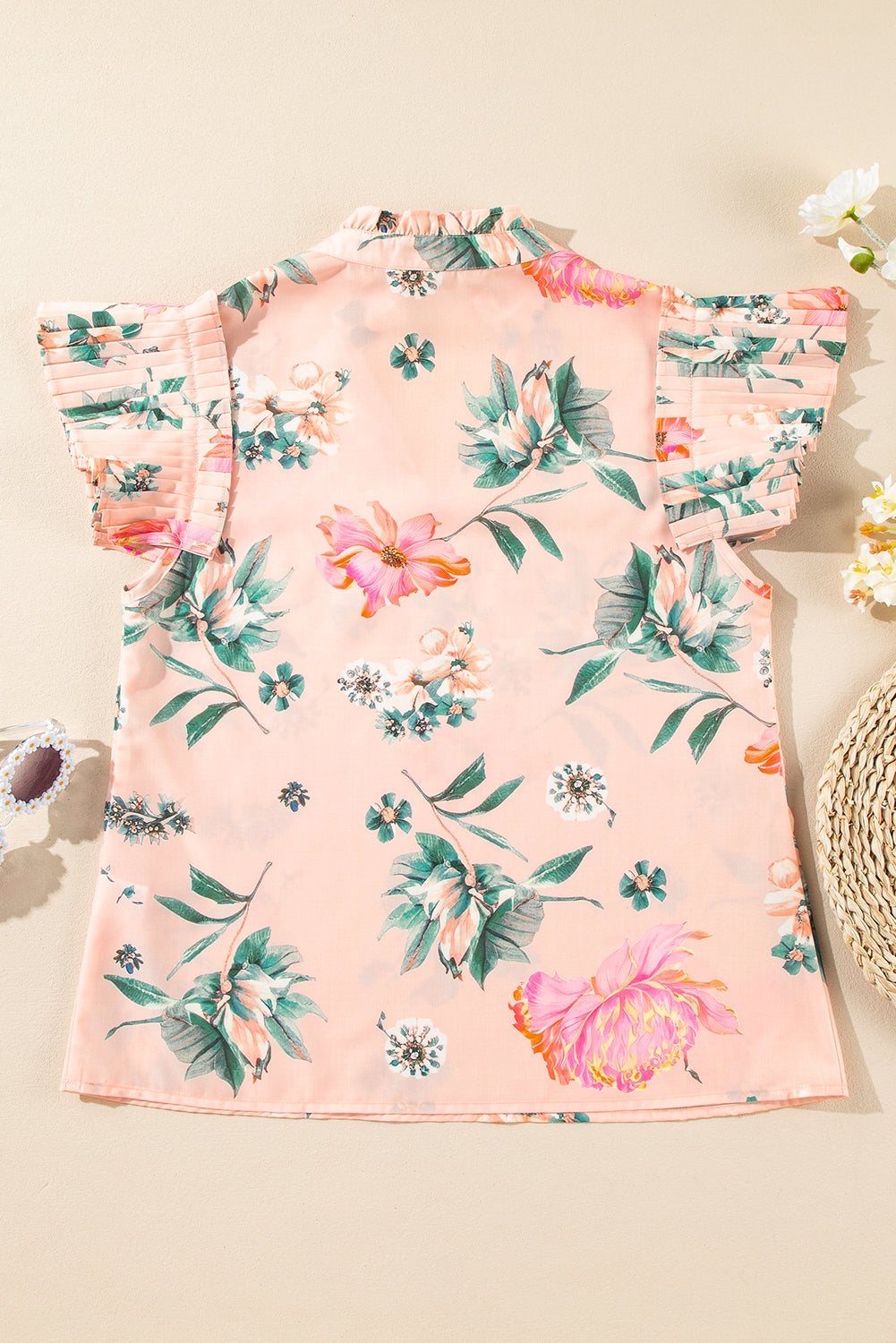 Floral Print Frilled V Neck Pleated Sleeve Blouse