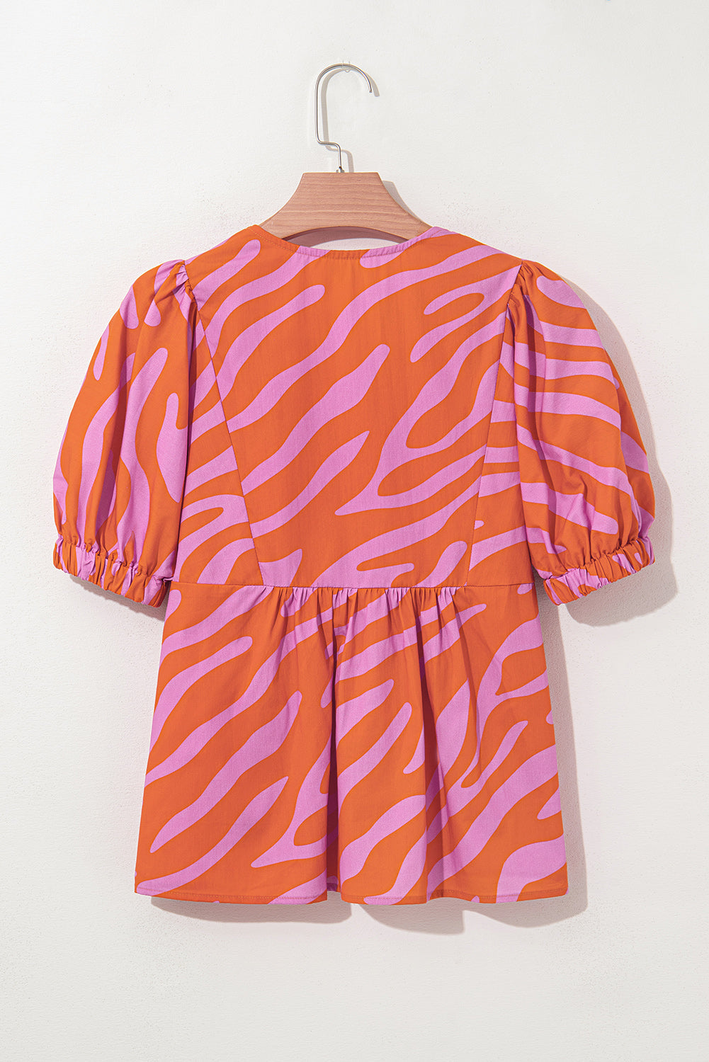 Zebra Ruched Stripe Print Cuff Half Sleeve V-Neck Blouse