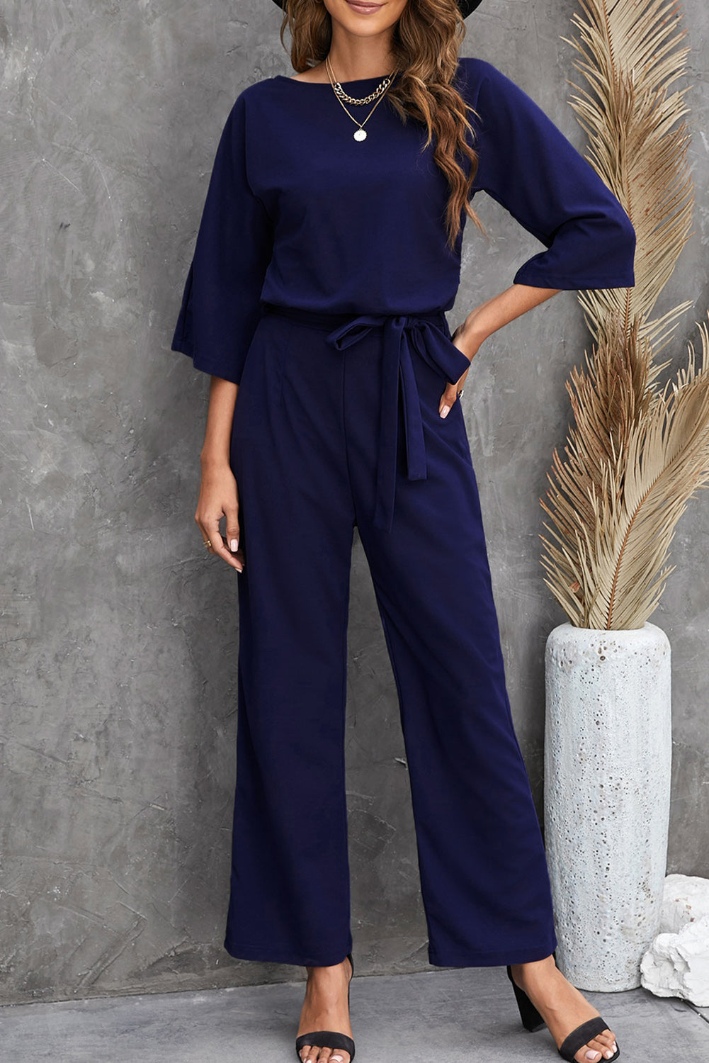 Women's Leg Jumpsuit Featuring Bracelet-Length Sleeve Waist Tie Wide