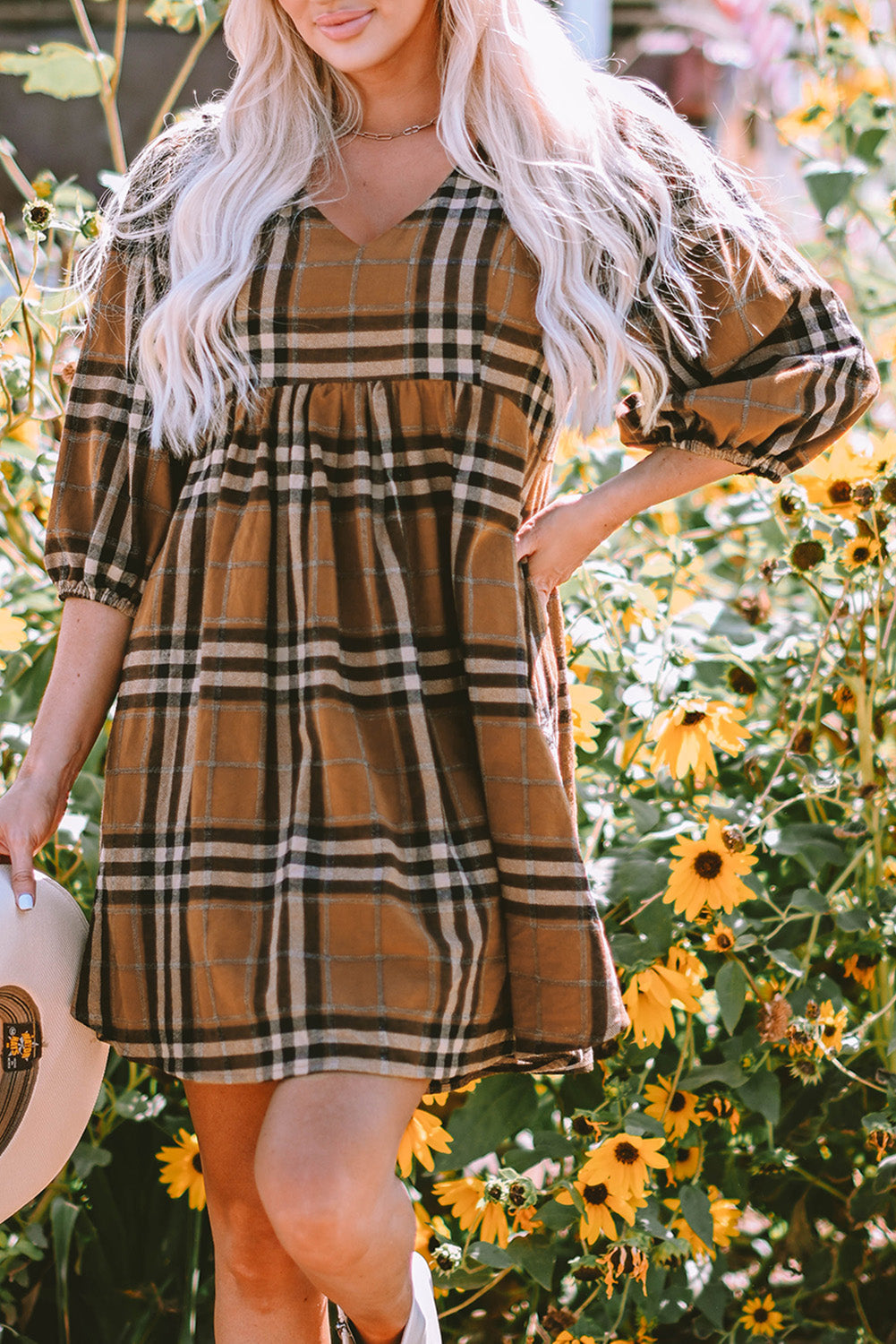 Women's Dress with Babydoll Plaid Pattern Empire-Waist