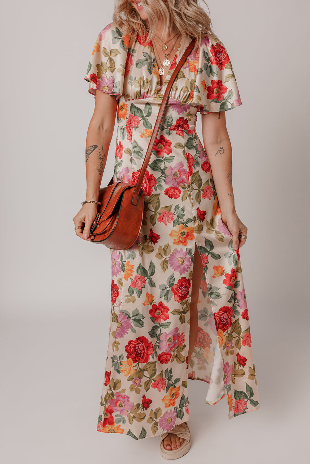 Vintage Floral V Neck Tie Back Long Slit Dress