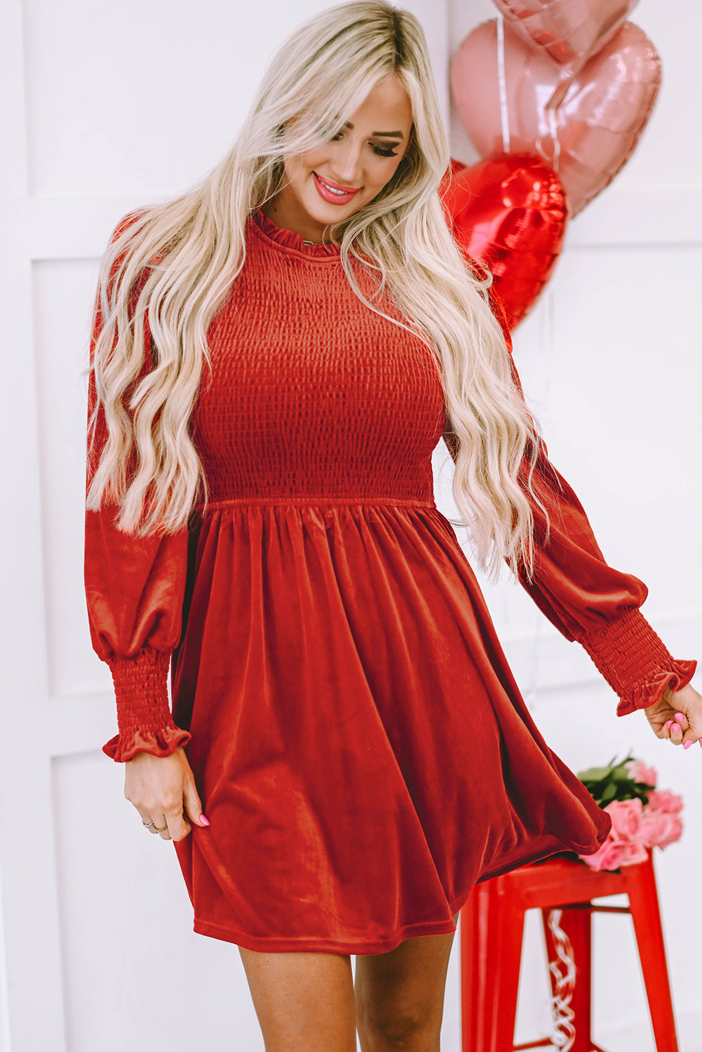 Women's Bodice Velvet Frill-Trimmed Neck Dress