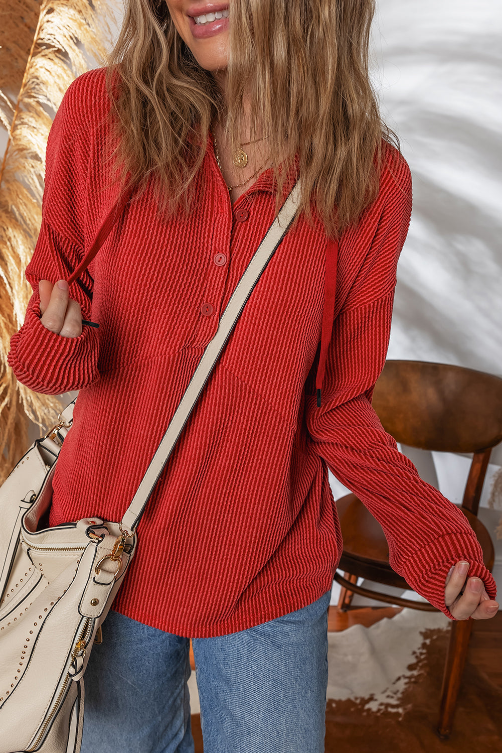 Half Twist Rib-Knit Button Collared Drawcord Pullover Top