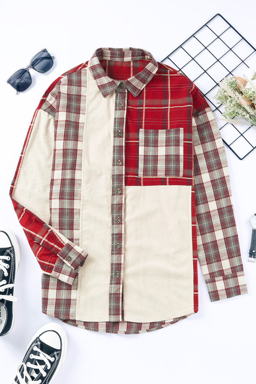 Women's Patchwork Plaid Cord Shacket