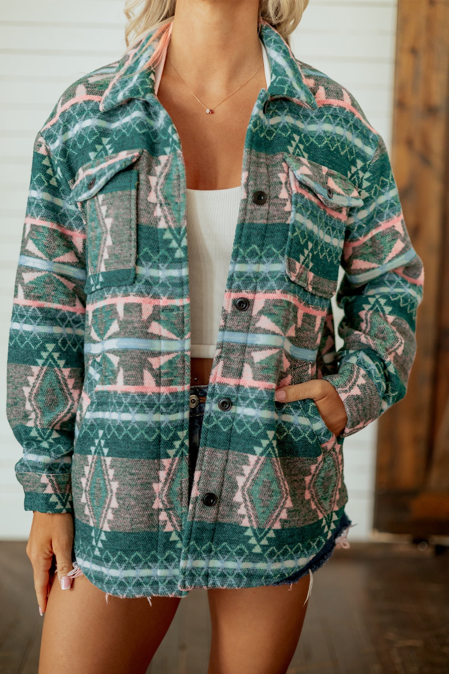 Geometric Print Button Front Long-Sleeved Shacket in Green