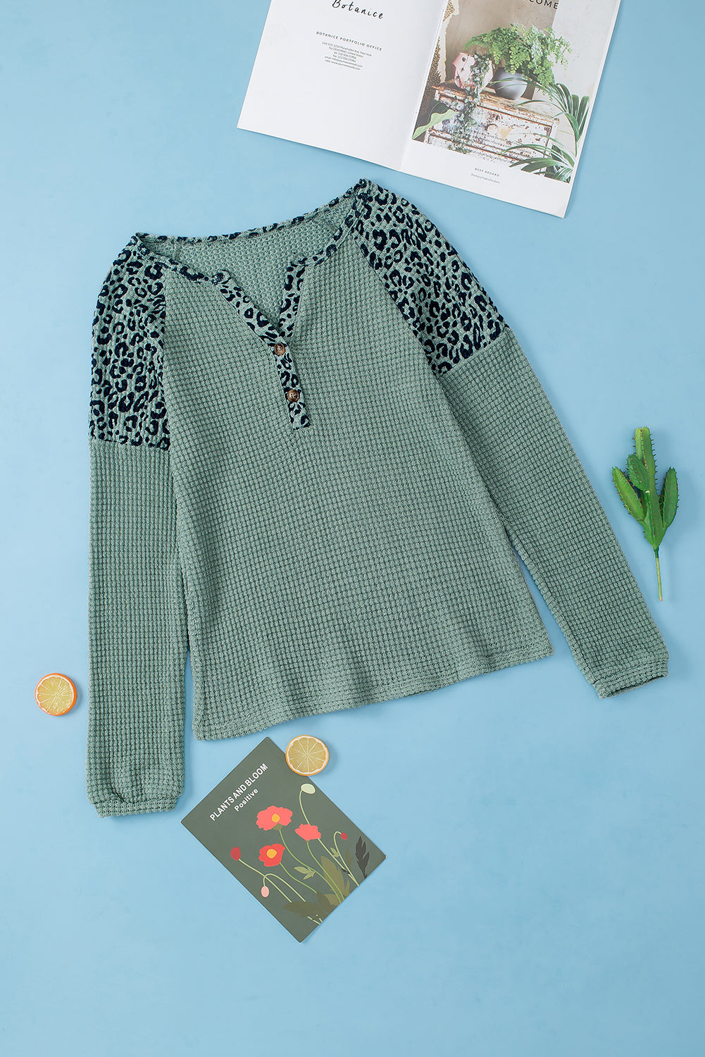 Blouse for Women Leopard-Print Waffle Knitted V Neck