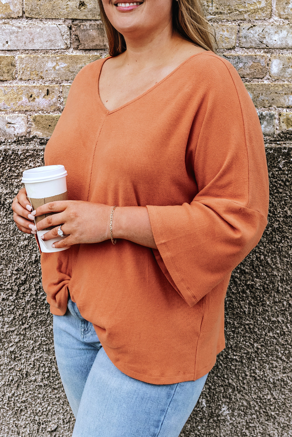 Women's Top Featuring Rib-Knitted Plus Size Twist Hem