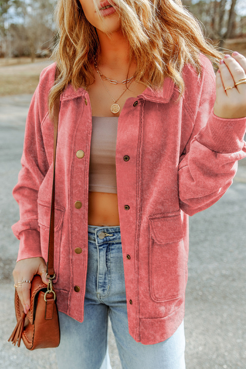 Women's Vintage Washed Flap Pocket Button Red Shacket