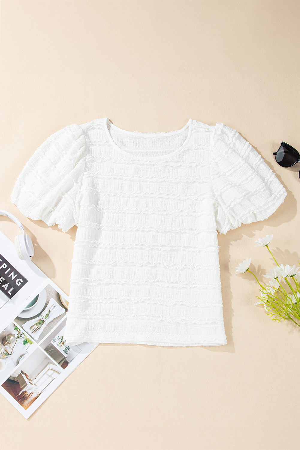 Frilled Lace Trim Bubble Sleeve Blouse