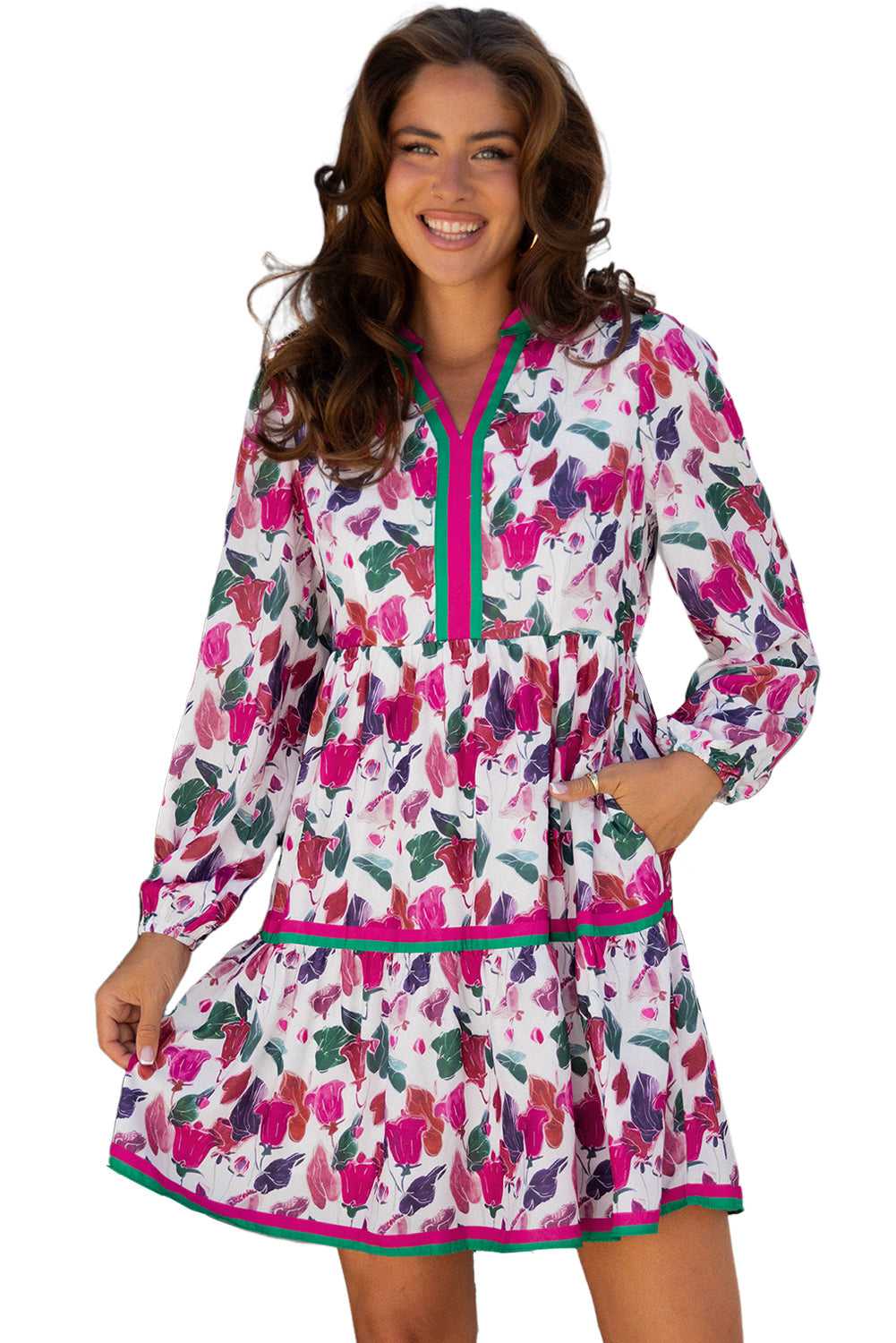 Floral-Print Contrast Striped Detail Long-Sleeved Mini Dress