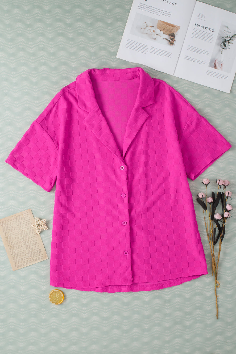 Women's Shirt Featuring Short-Sleeve Lapel Textured