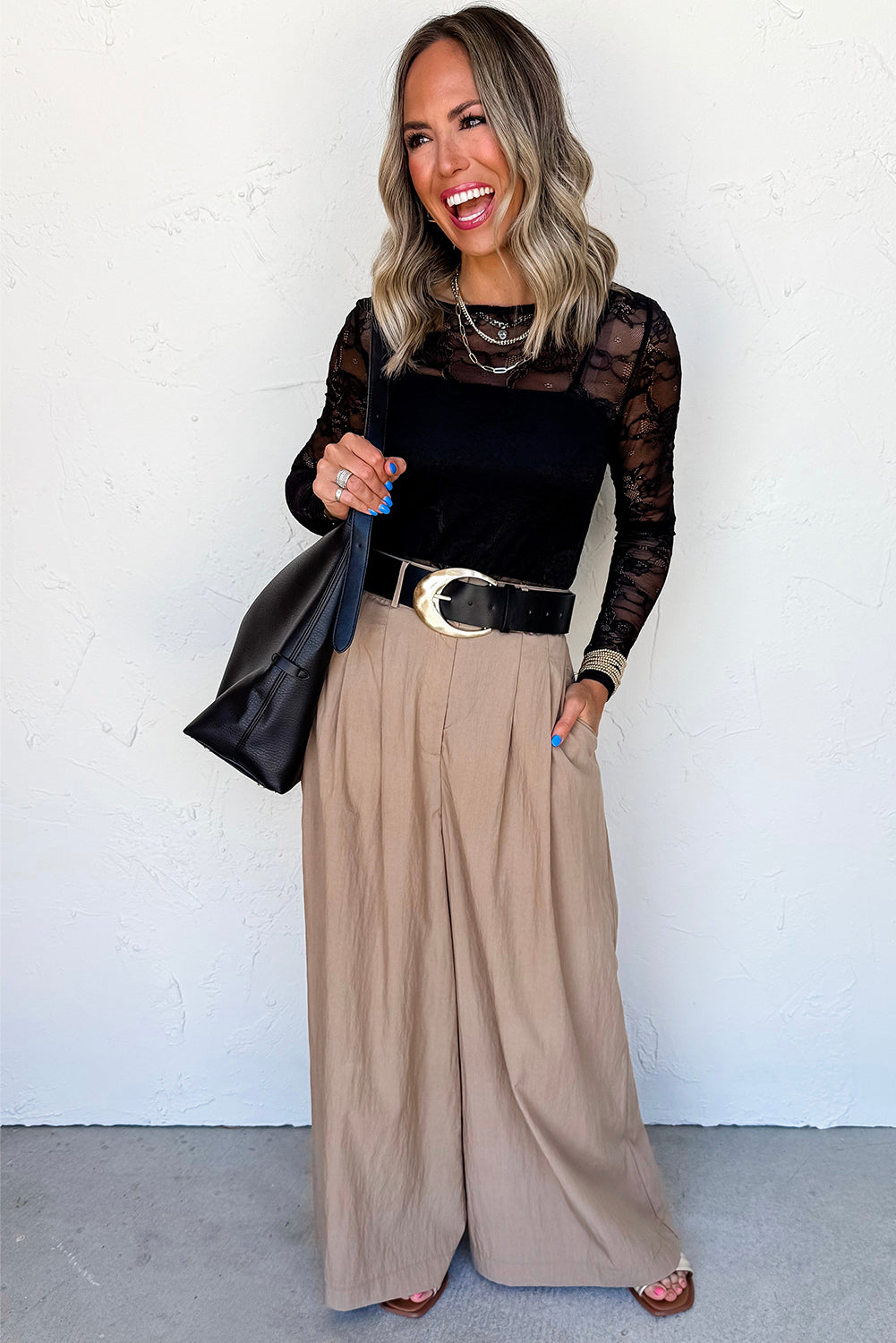 Mesh Lace Crochet Patched Slim Fit Long-Sleeved Top in Black